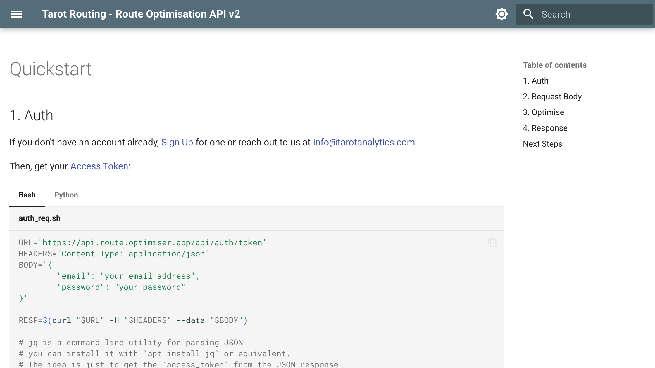 The Route Optimisation API quickstart in Tarot Routing's developer documentation, showing an authentication request