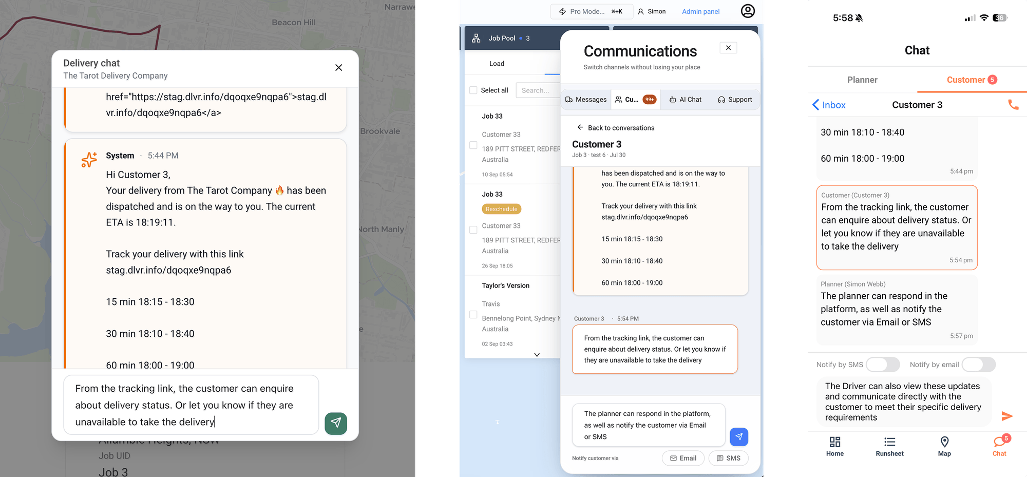 Customer replying to a delivery tracking link, with the message appearing for the planner in Tarot Routing and the driver in the Tarot Driver App