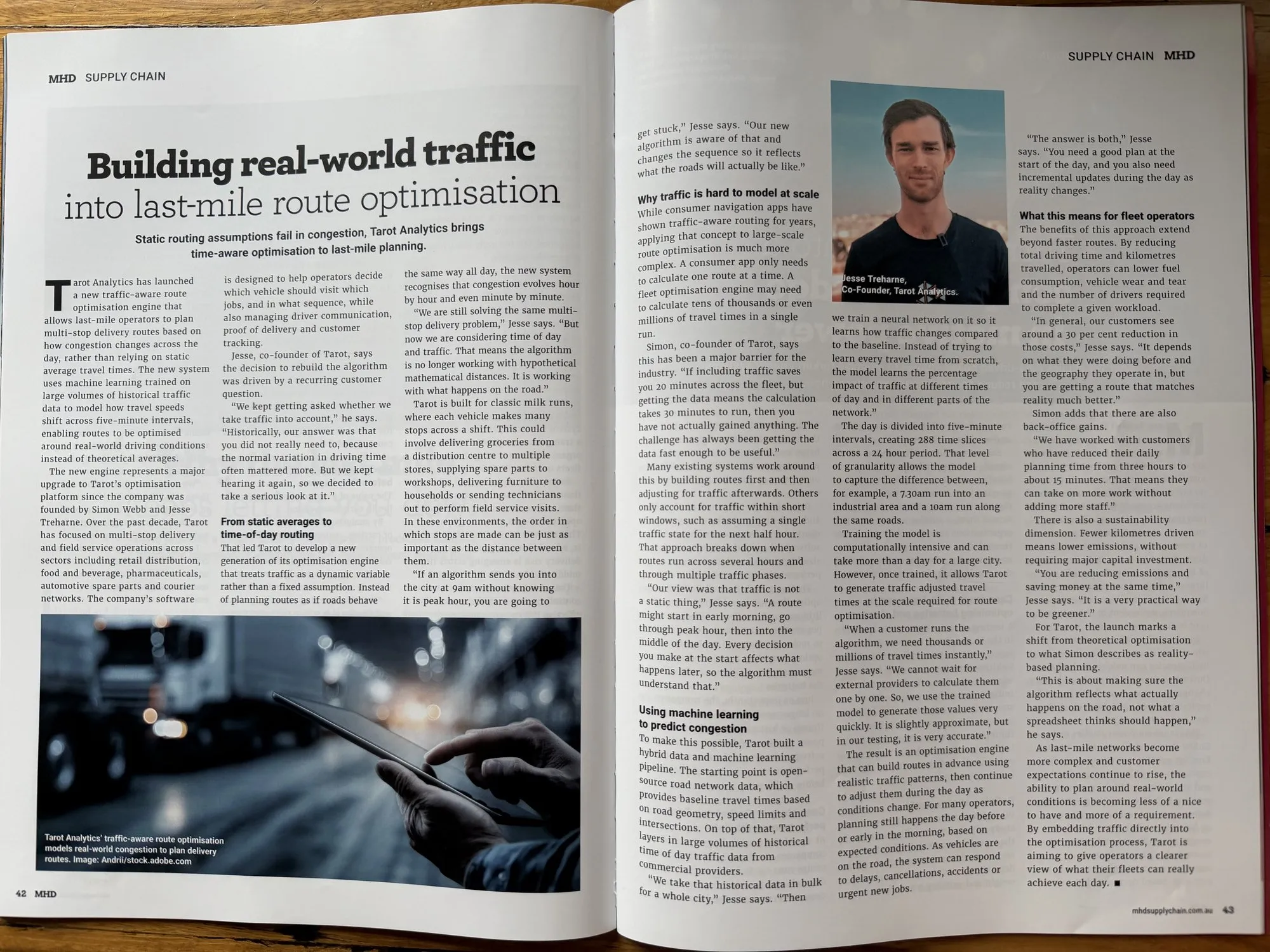 Double-page spread of MHD Supply Chain magazine featuring an article on traffic aware route optimisation in last mile delivery.