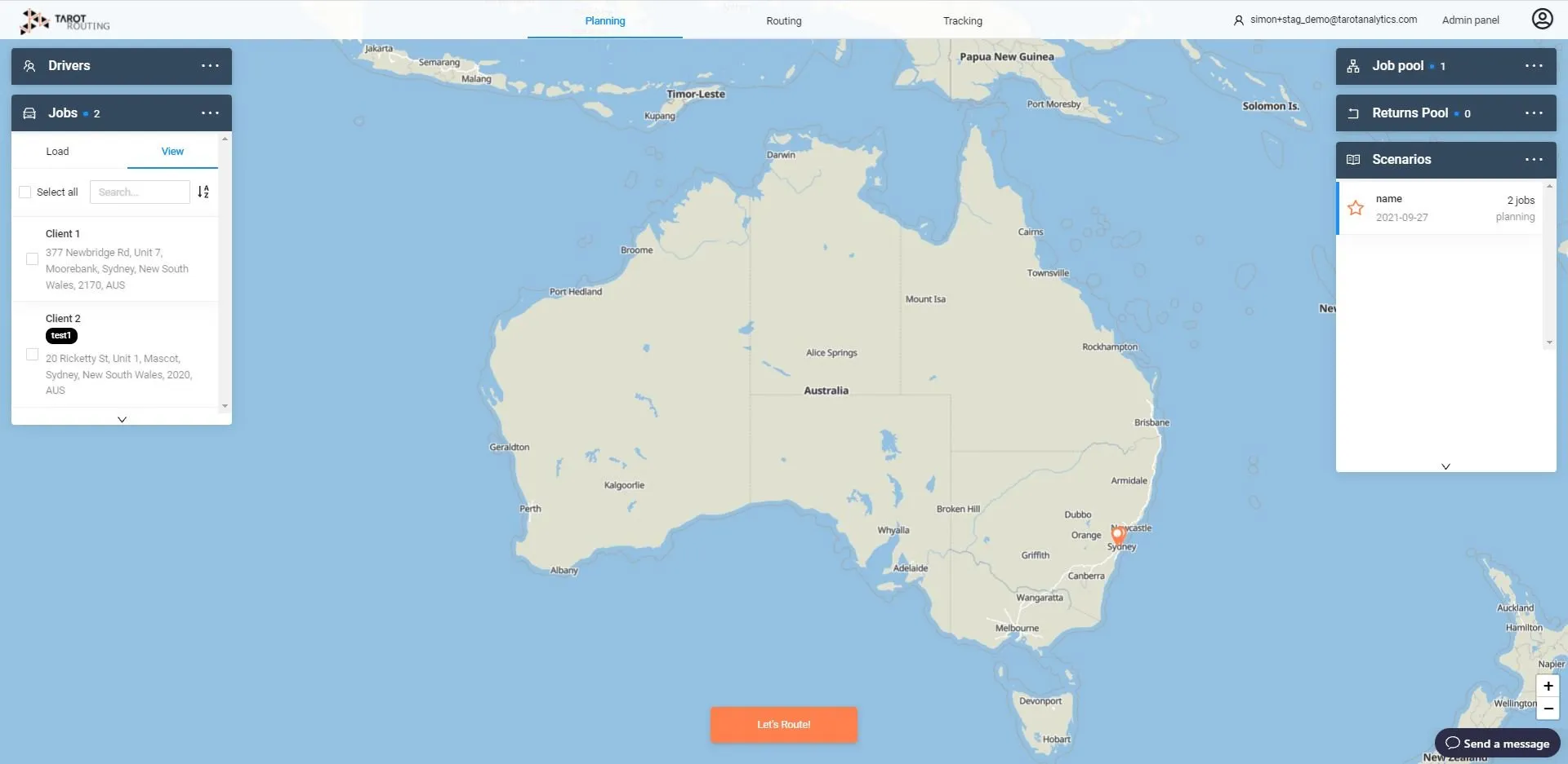 Tarot Routing planning map of Australia with the Drivers, Jobs and Scenarios panels in their new default order