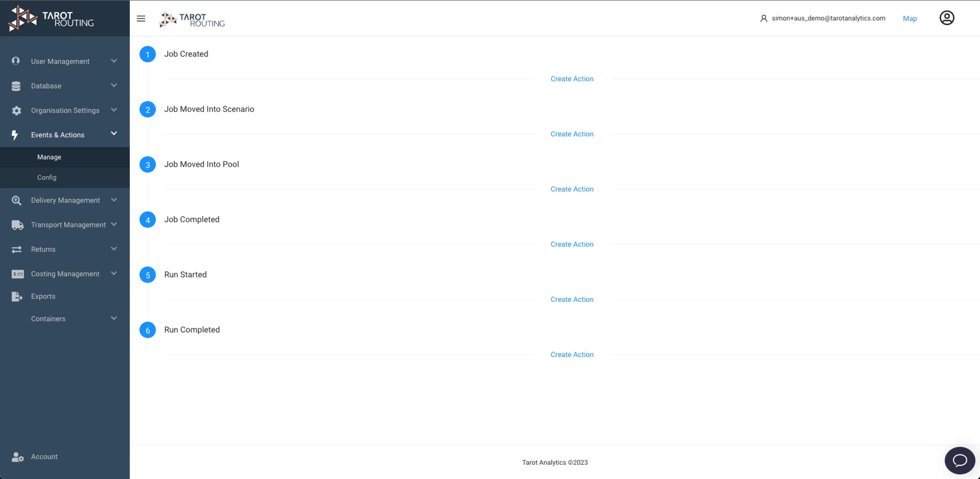 Tarot Routing Admin Panel with Manage Events & Actions open
