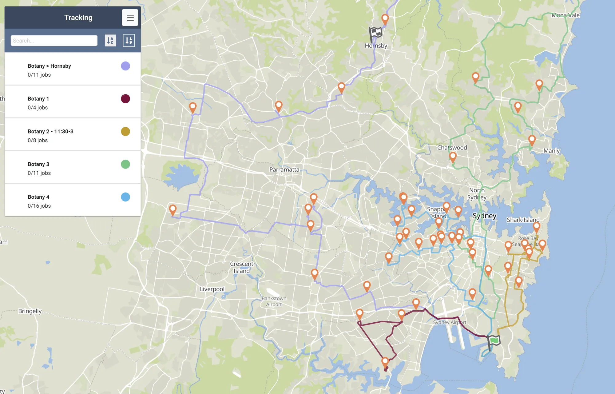Optimised routes for the 50 Sydney jobs in Tarot Routing, with each run listed in the Tracking panel