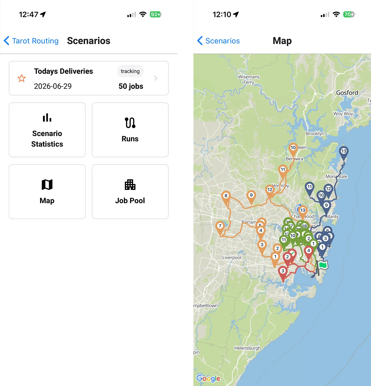 Tarot Routing Planner Mode scenario map showing colour-coded delivery routes on a mobile phone
