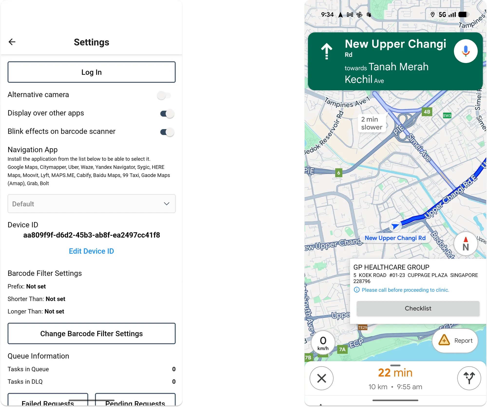 Tarot Driver App overlay on Android — floating Tarot insert displayed over Google Maps navigation, allowing drivers to quickly return to the Delivery Checklist screen in Tarot Routing to complete proof of delivery.