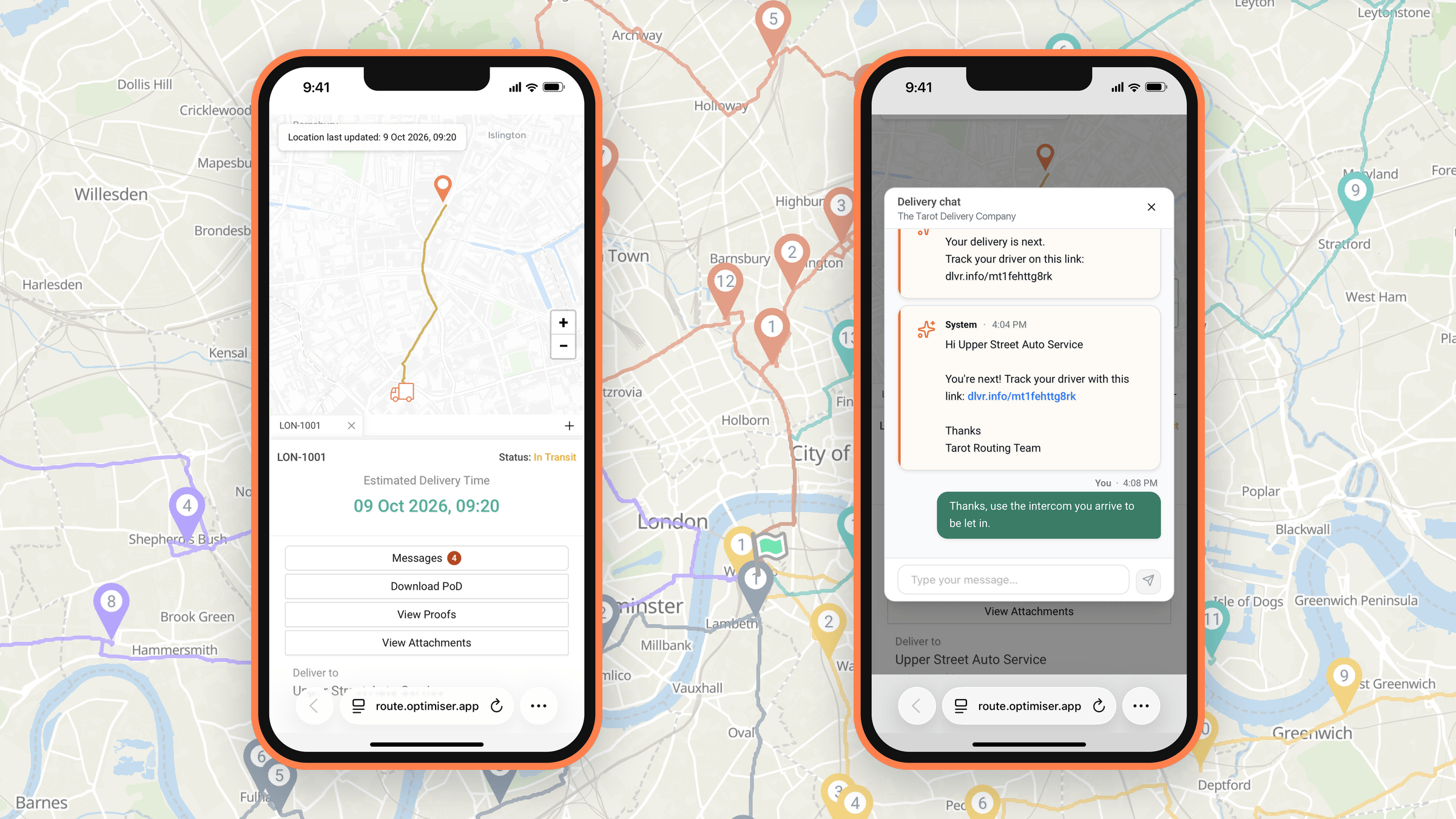 Live customer tracking link showing the driver's route and estimated delivery time, and the delivery chat where the customer replies to the driver