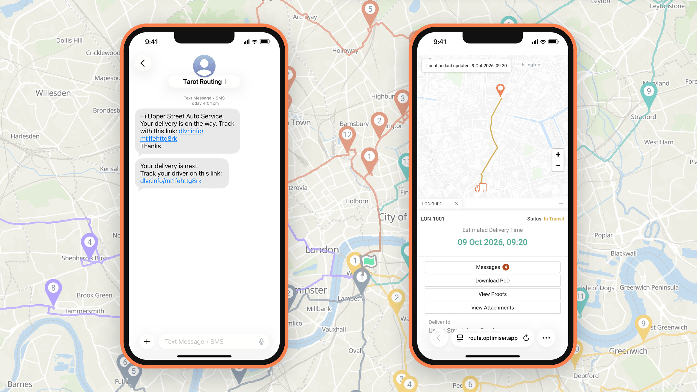 Out for delivery and You're next text messages on a customer's phone, and the live tracking link they open, with the driver's route and estimated delivery time