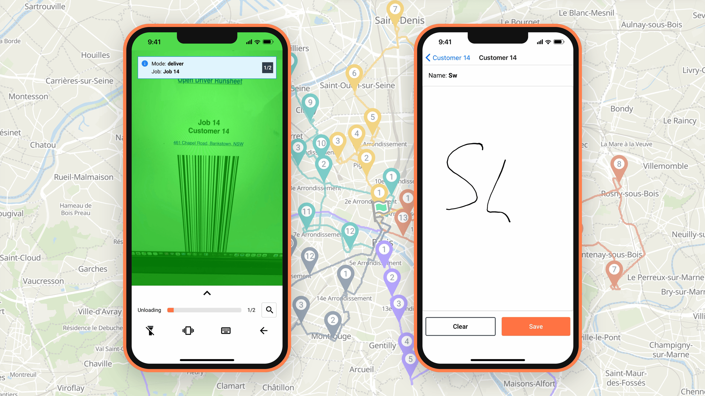Tarot Driver App scanning a parcel barcode at delivery, then capturing the customer's signature