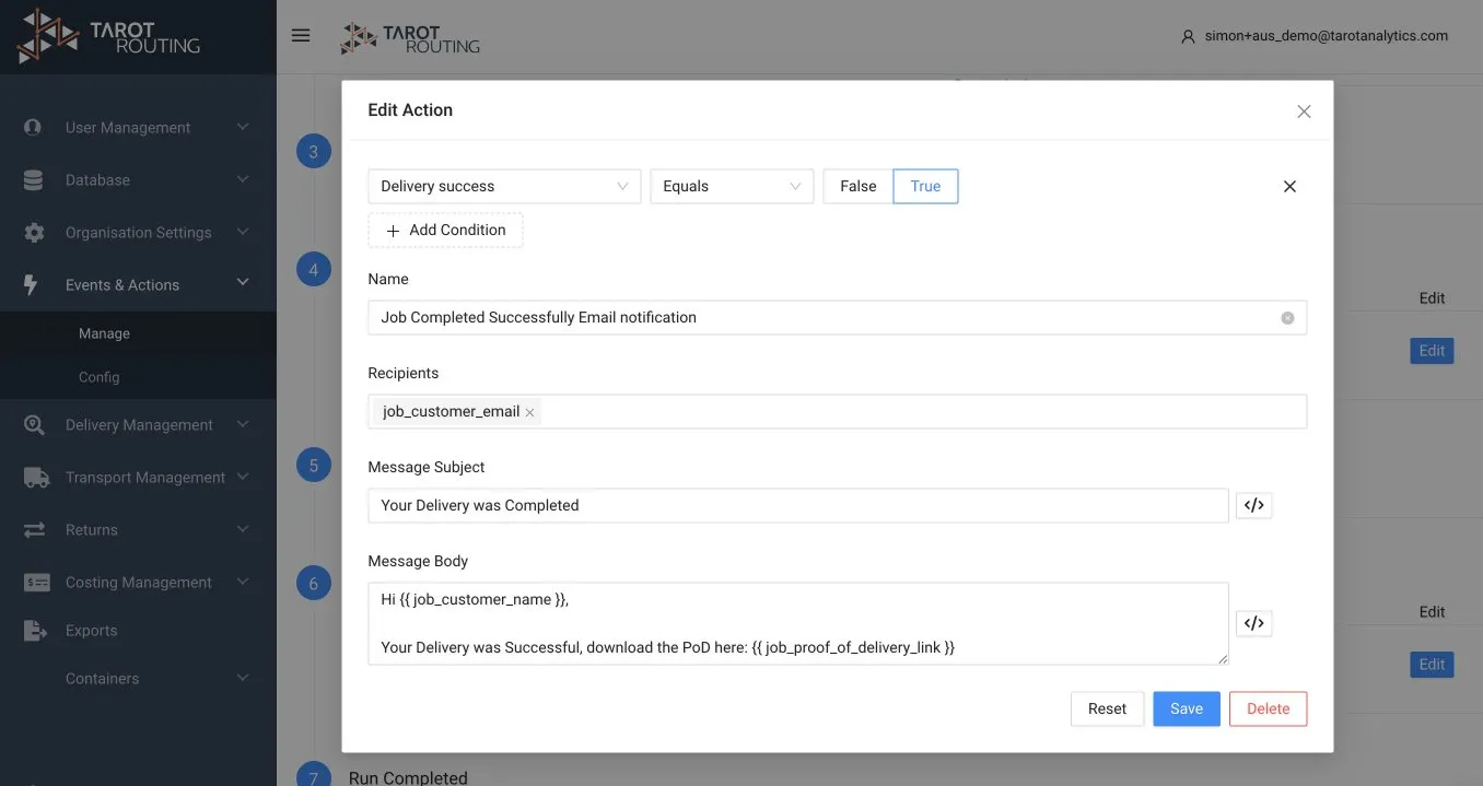 Editing an Action in Tarot Routing Admin panel