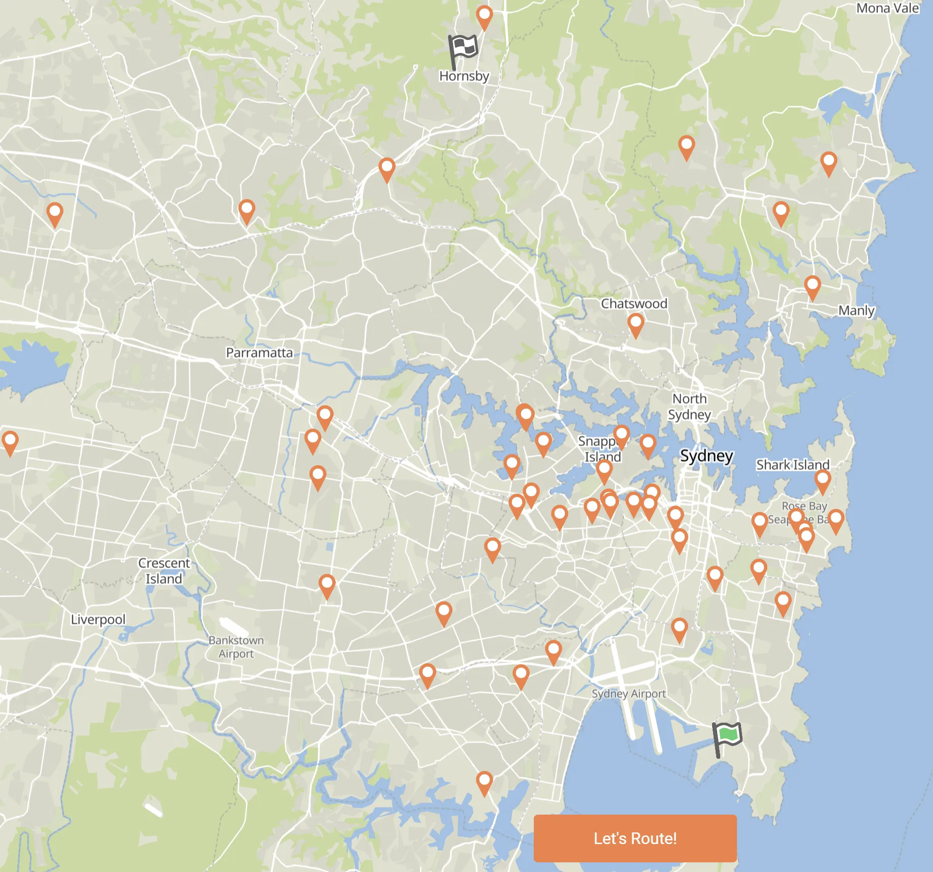 Map of Sydney with about 50 delivery jobs spread across the city, ready to optimise