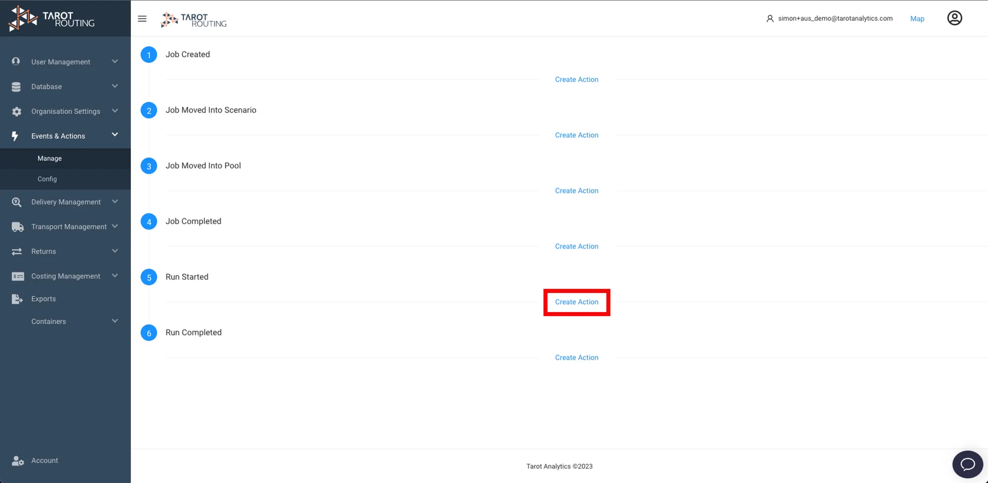 Tarot Routing Admin Panel with Manage Events & Actions open. Create Action Button for a Run Started Event is highlighted