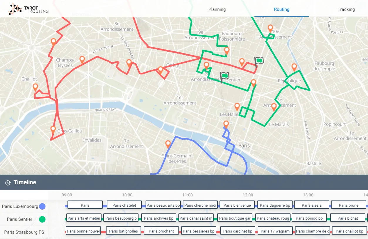 Optimised Paris delivery routes in Tarot Routing, with the Timeline showing three runs’ stops through the day