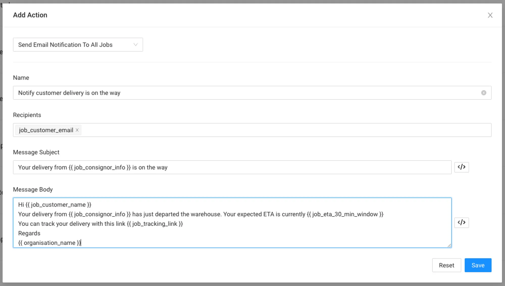 Send Email Notificaiton to All Jobs template filled with an example message
