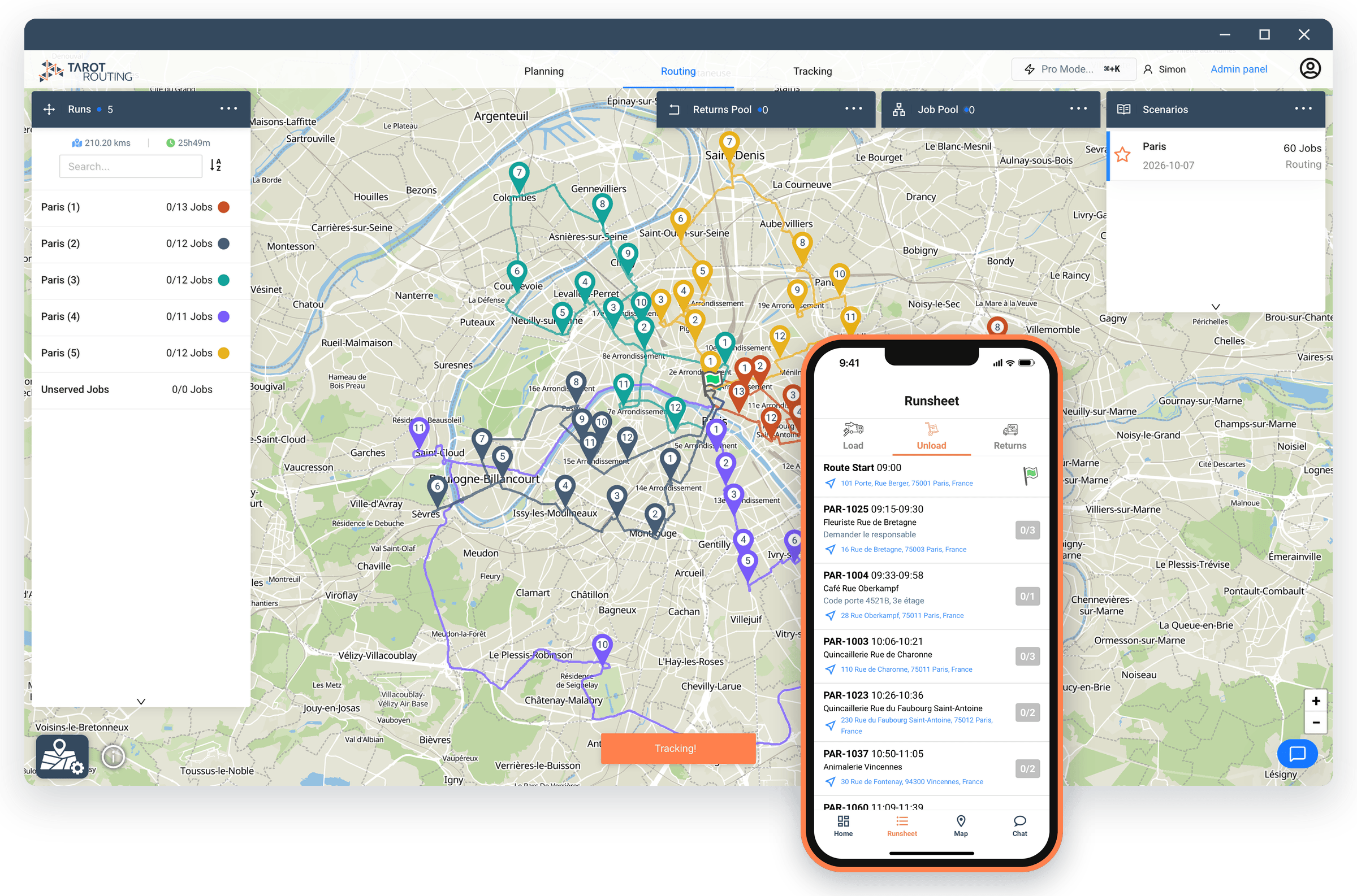 Tarot Routing platform showing optimised routes on a city map, with a driver's runsheet open in the Driver App