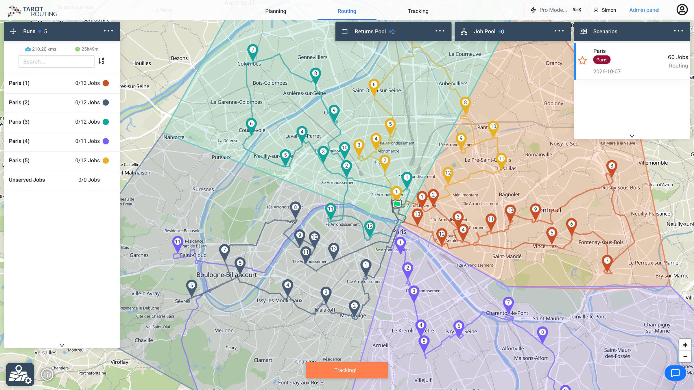 Delivery territories shaded across a city, with optimised routes running inside them