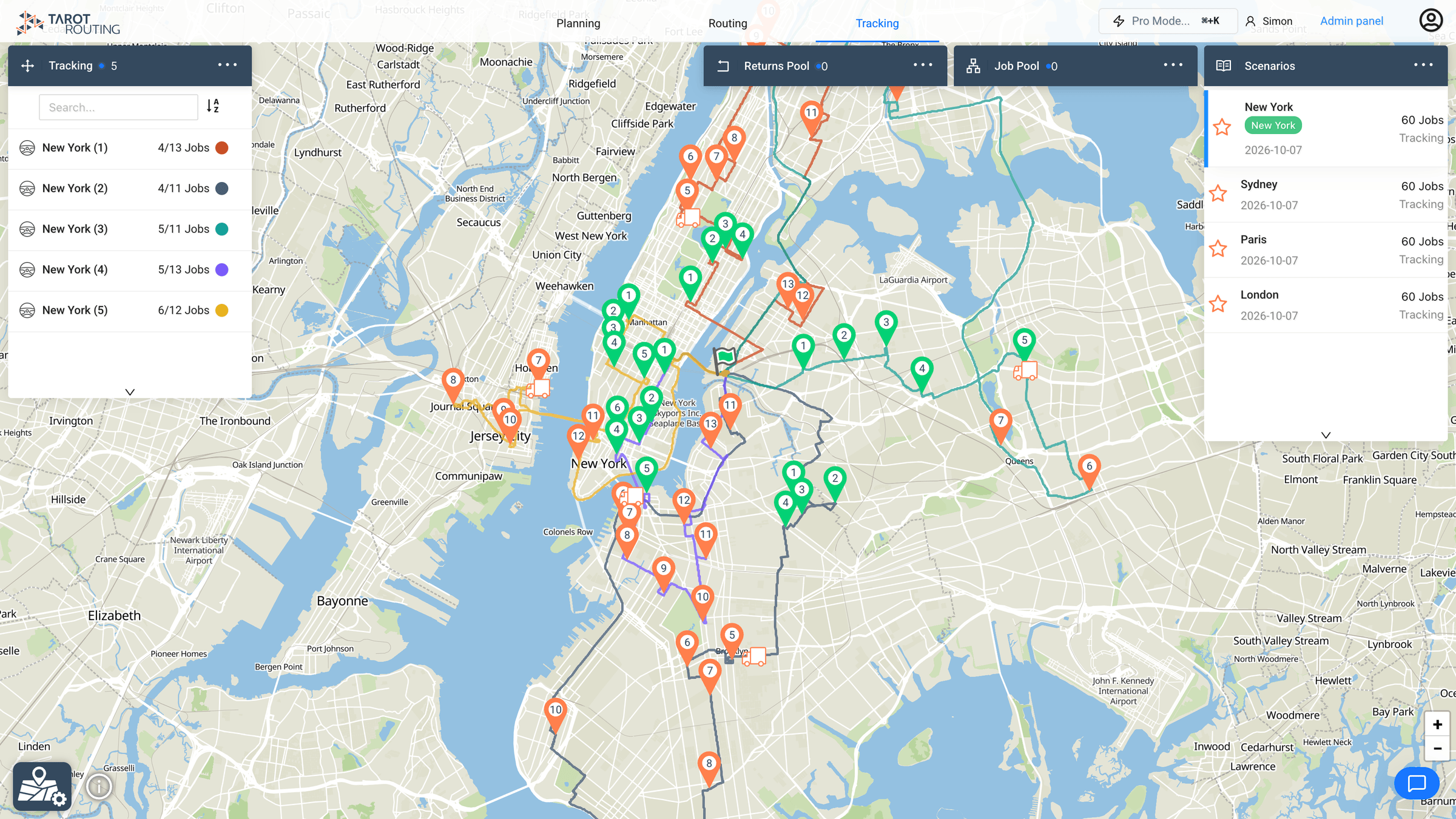 Tarot Routing tracking view of vehicles part-way through their routes across New York