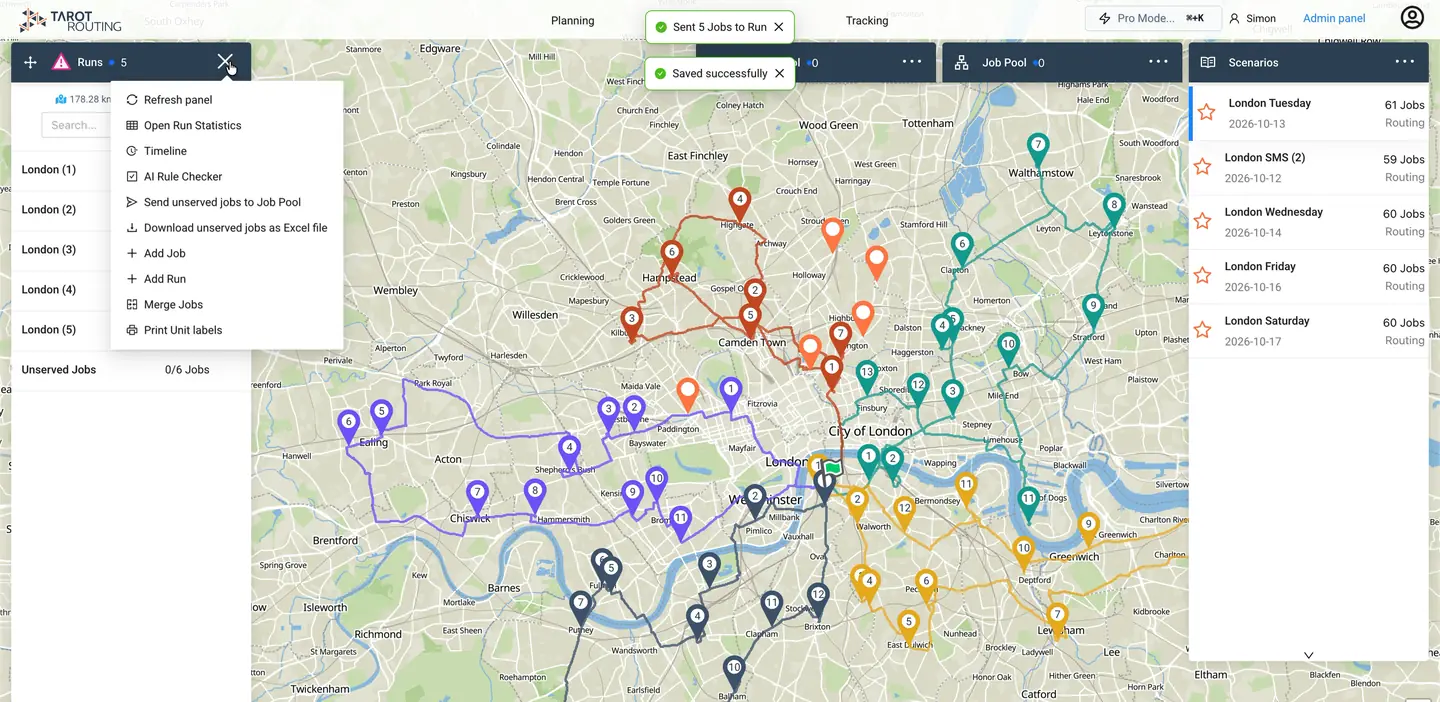 Animation of opening the Timeline from the Runs panel menu and re-optimising the London (1) run, which is re-sequenced on the map and in the Timeline