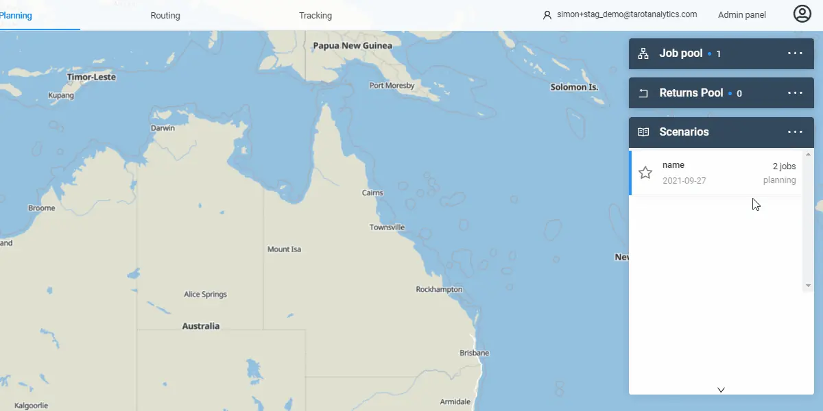 Scenarios panel on the Tarot Routing map with its action bar at the top right