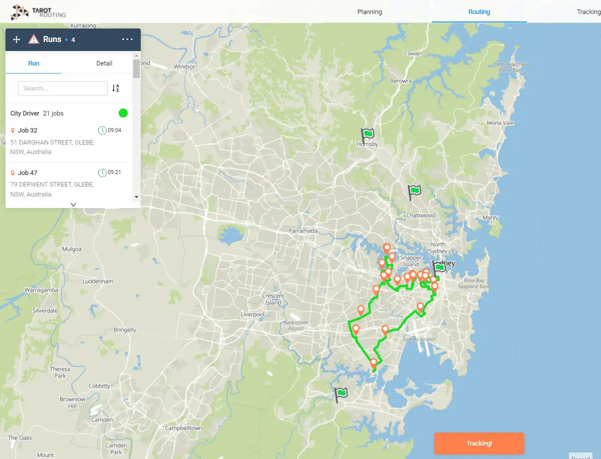 Extending the Runs panel by clicking and dragging its edge, over an optimised Sydney route